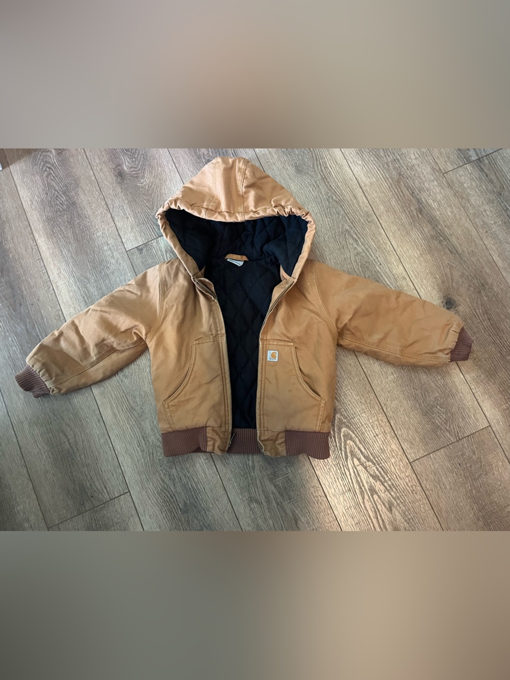 Carhartt Kids Brown/Tan Hooded Work Jacket with Quilted Black Lining